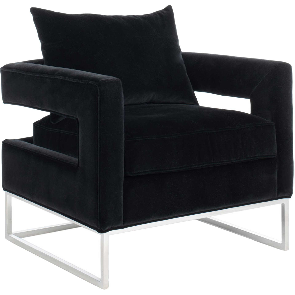 Sculptural black velvet club chair with open arm cutouts, a plush seat, and a polished chrome base || KNT7019A || front_angle_studio