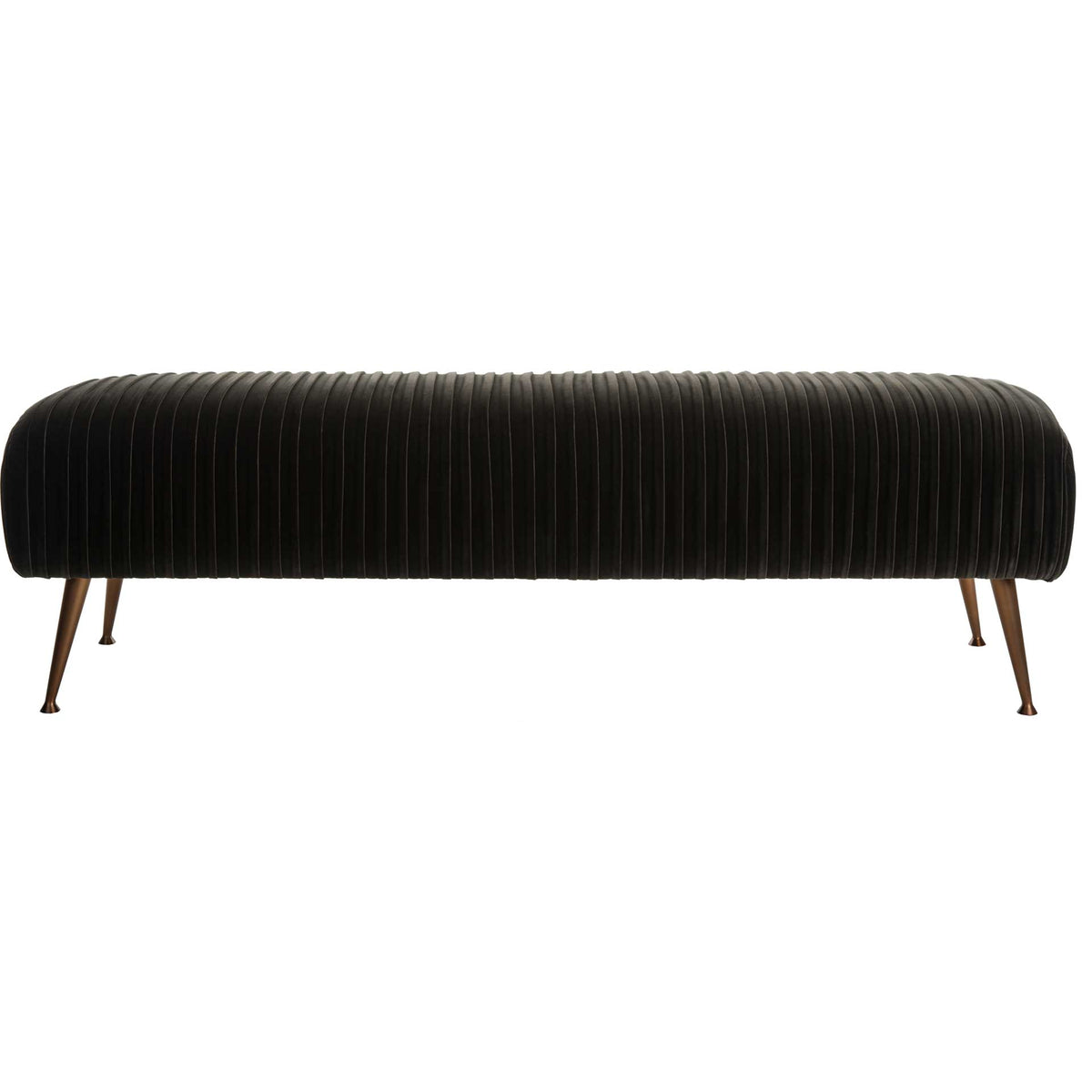 Dark gray velvet bench pairs tailored vertical pleats with tapered antique brass-finish legs || KNT7041A || front_studio