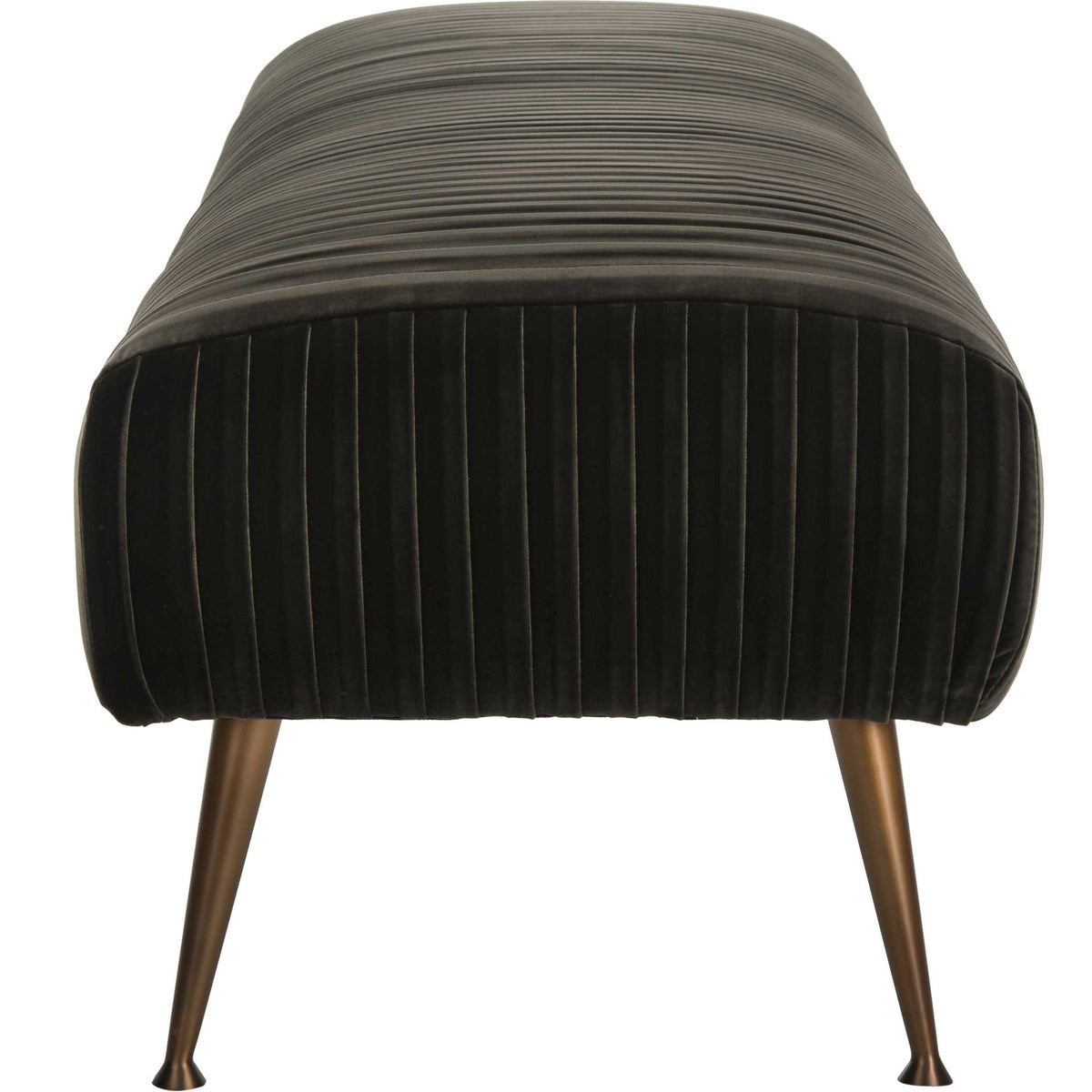 Rounded velvet end features dense dark gray pleats above two slender brass-finish legs