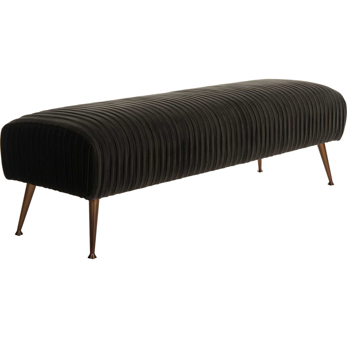 Dark gray velvet curves over a low bench with pleated sides and slim brass-finish legs || KNT7041A || front_angle_studio