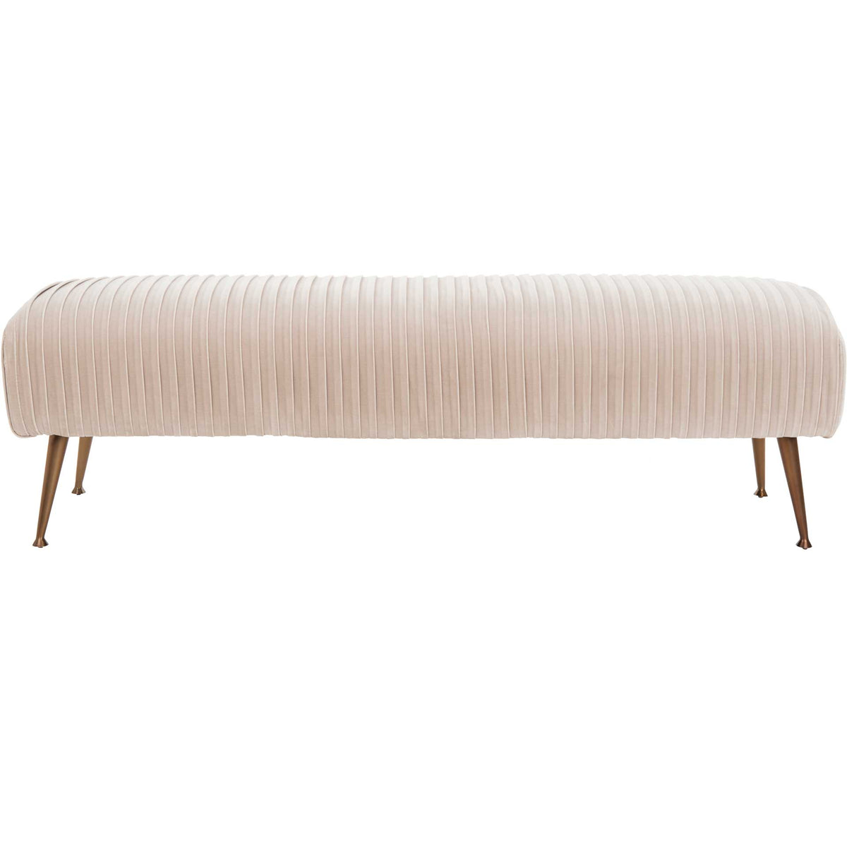 Fine vertical pleats dress an almond velvet bench raised on tapered antique brass-finish legs || KNT7041C || front_studio