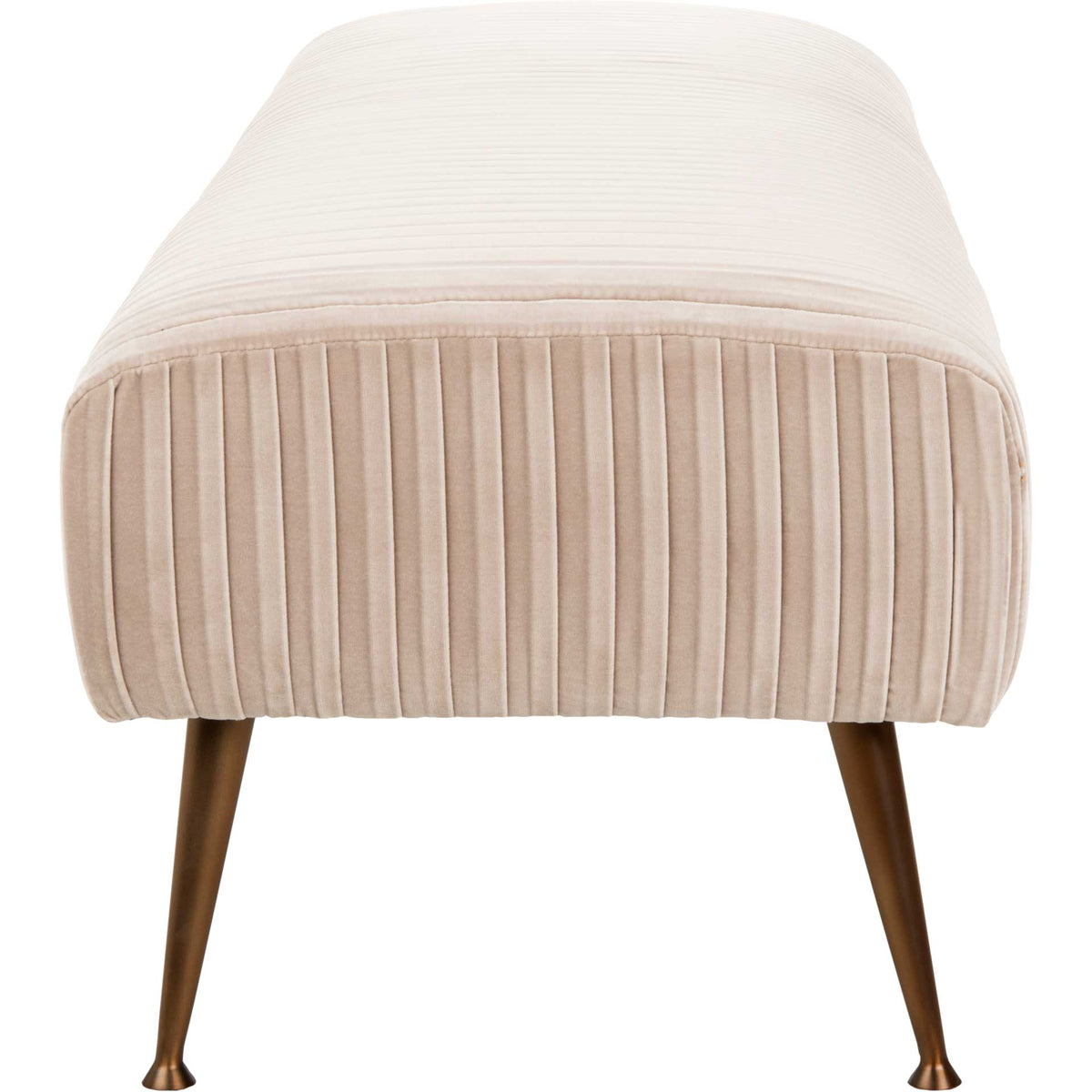 Rounded almond velvet end features neat vertical pleats above warm brass-finish legs