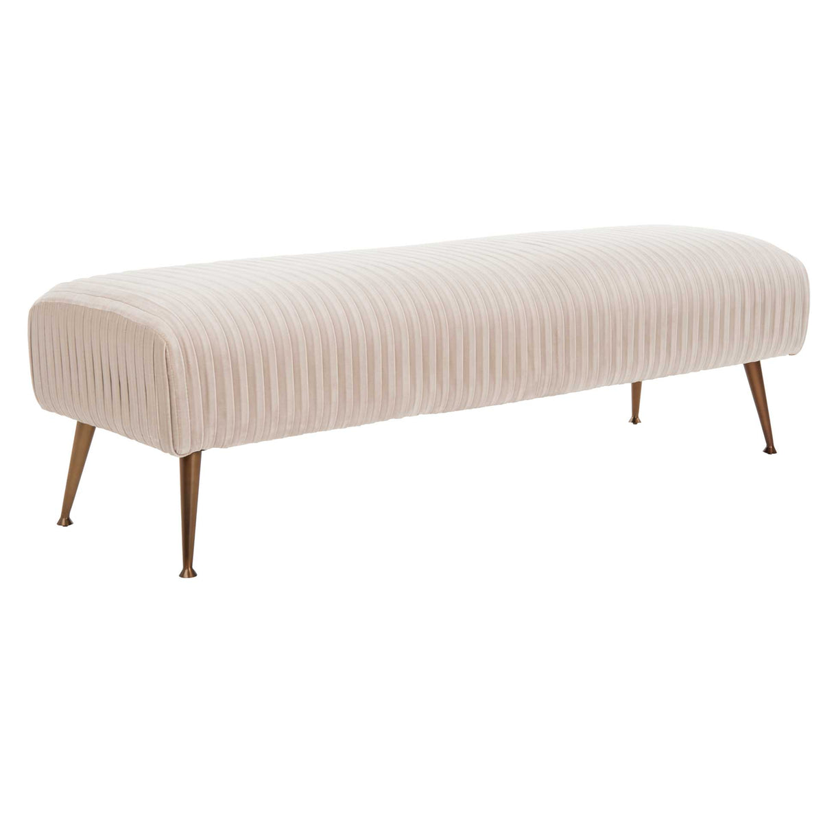 Almond velvet curves into a low bench with ribbed sides and slender antique brass-finish legs || KNT7041C || front_angle_studio