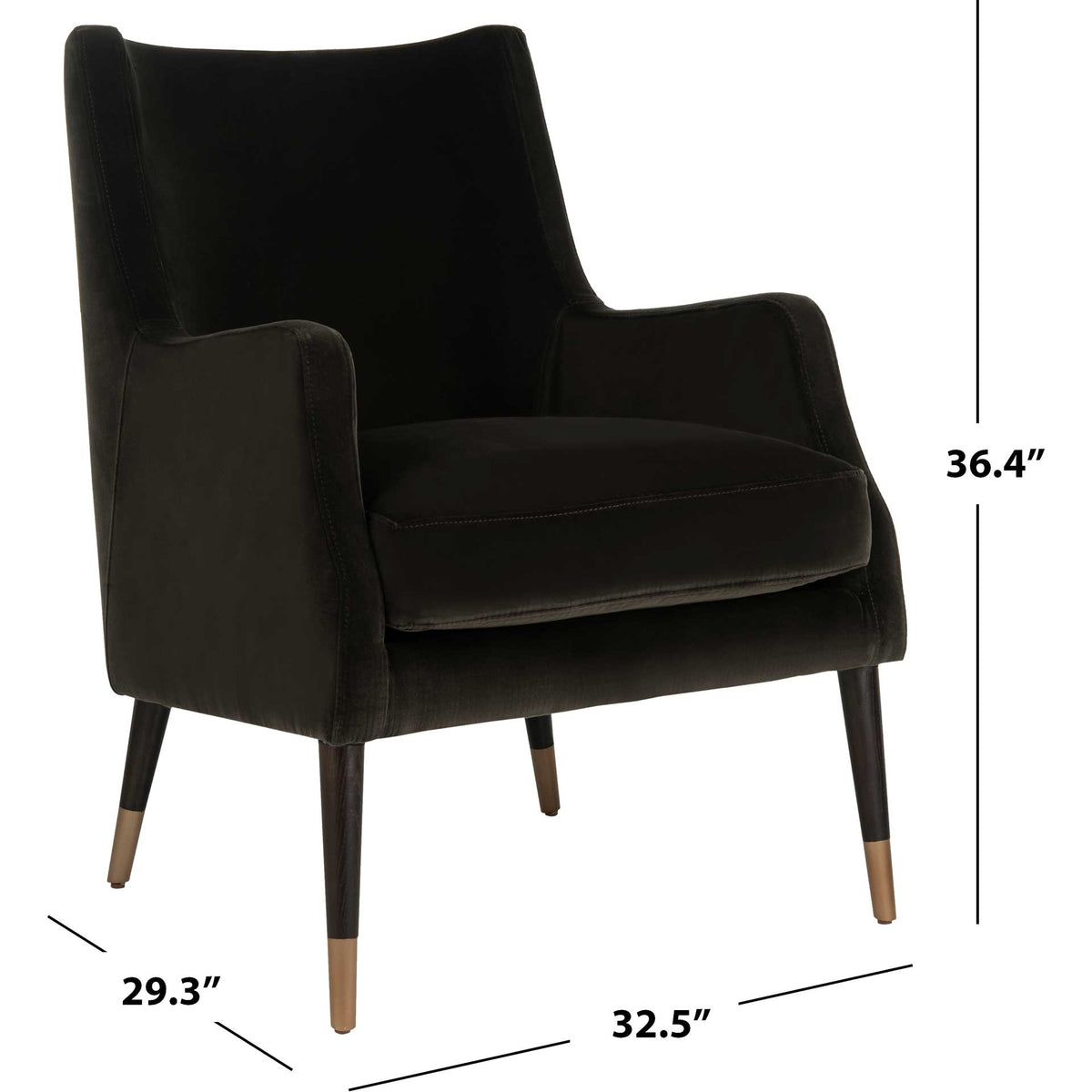 This velvet armchair measures 32.5 inches wide, 29.3 inches deep and 36.4 inches high.