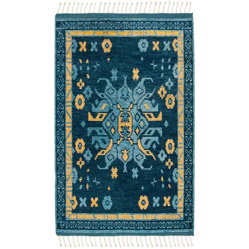 Deep blue rug with gold and pale blue motifs, a patterned border, and cream fringe || KNY112A-5 || top_studio