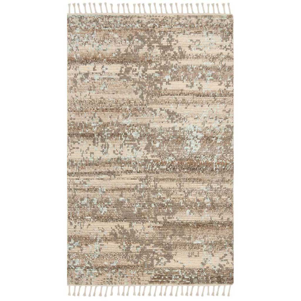 Beige and silver abstract bands give this textured rug a softly distressed look, finished with fringe at both ends || KNY114A-5 || top_studio