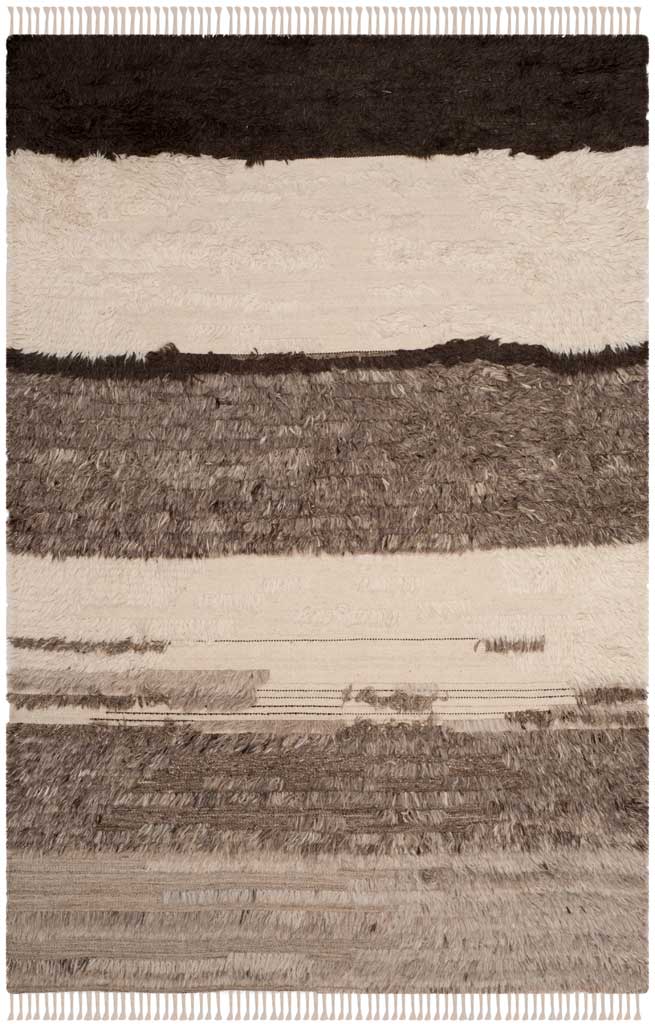 Plush ivory and gray area rug with broad charcoal bands, varied textures, and tasseled ends