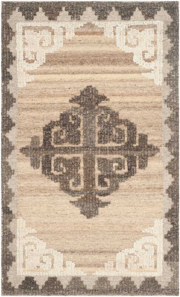 Brown rug with a prominent charcoal medallion and pale flourishes at each corner