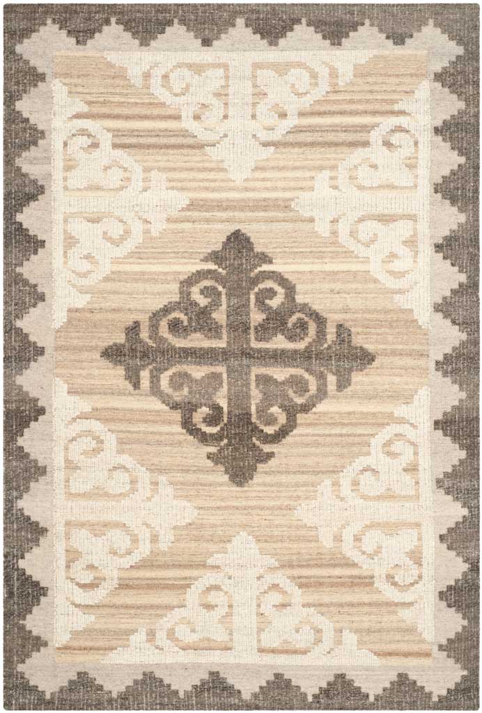 Rectangular brown rug with ivory scrolling motifs around a charcoal medallion