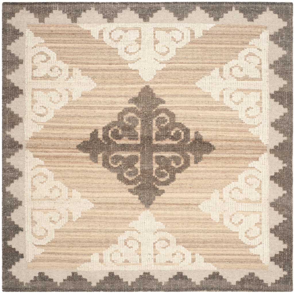 Square rug with a charcoal center medallion, cream scrollwork and a bold patterned border