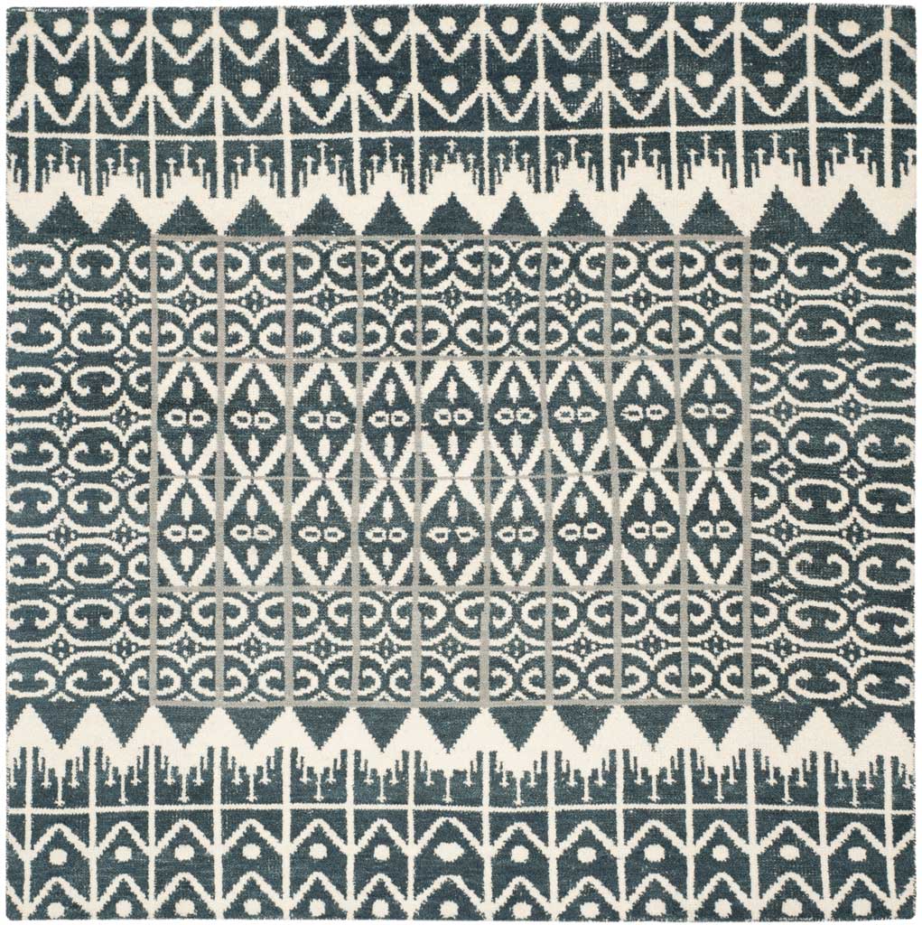 A square charcoal and ivory area rug balances geometric medallions with repeating triangular border bands