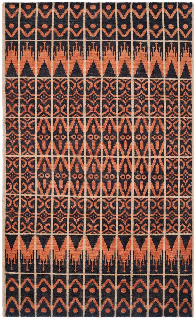 Geometric bands frame a repeating orange diamond design on a black rectangular rug.