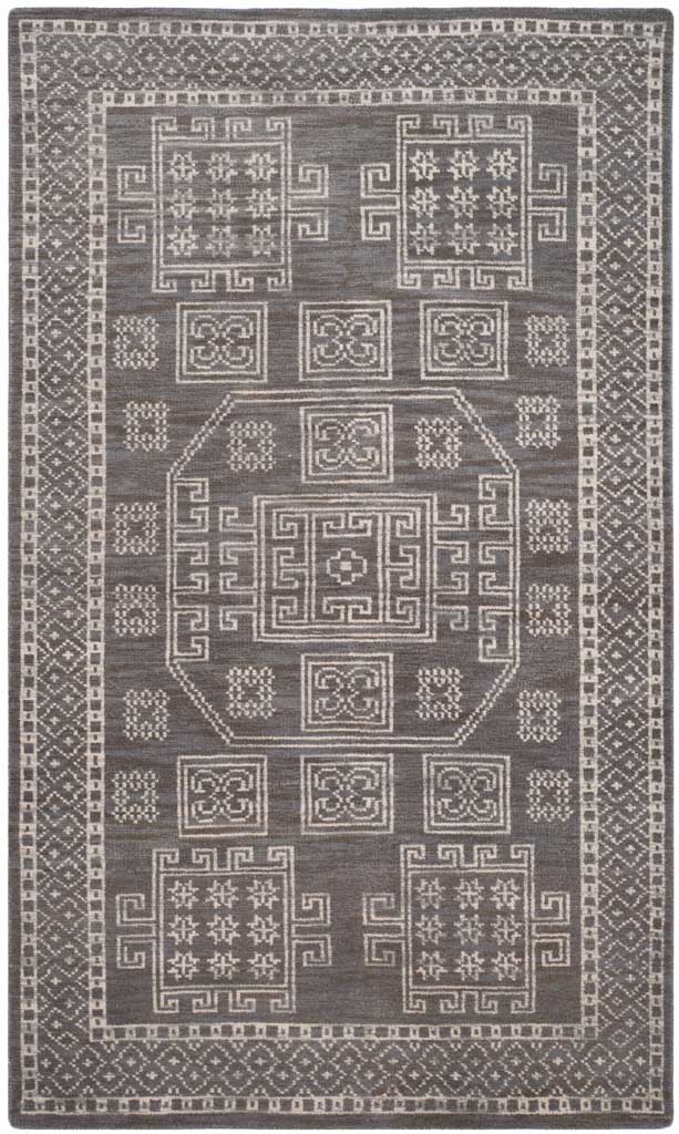 Rectangular gray rug with layered ivory motifs and a wide patterned border