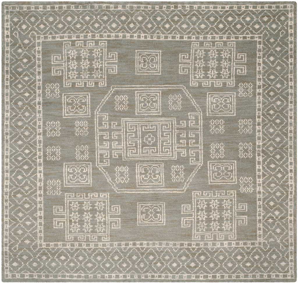 Square gray rug with an ivory octagonal medallion and a diamond lattice border
