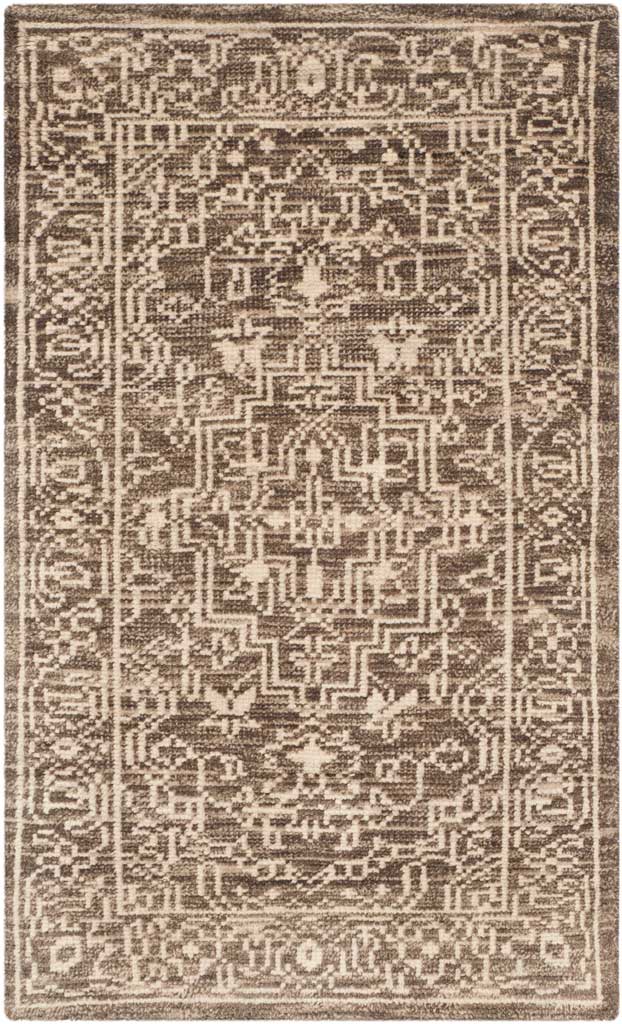 Brown and beige rug with a geometric center medallion and a finely detailed border