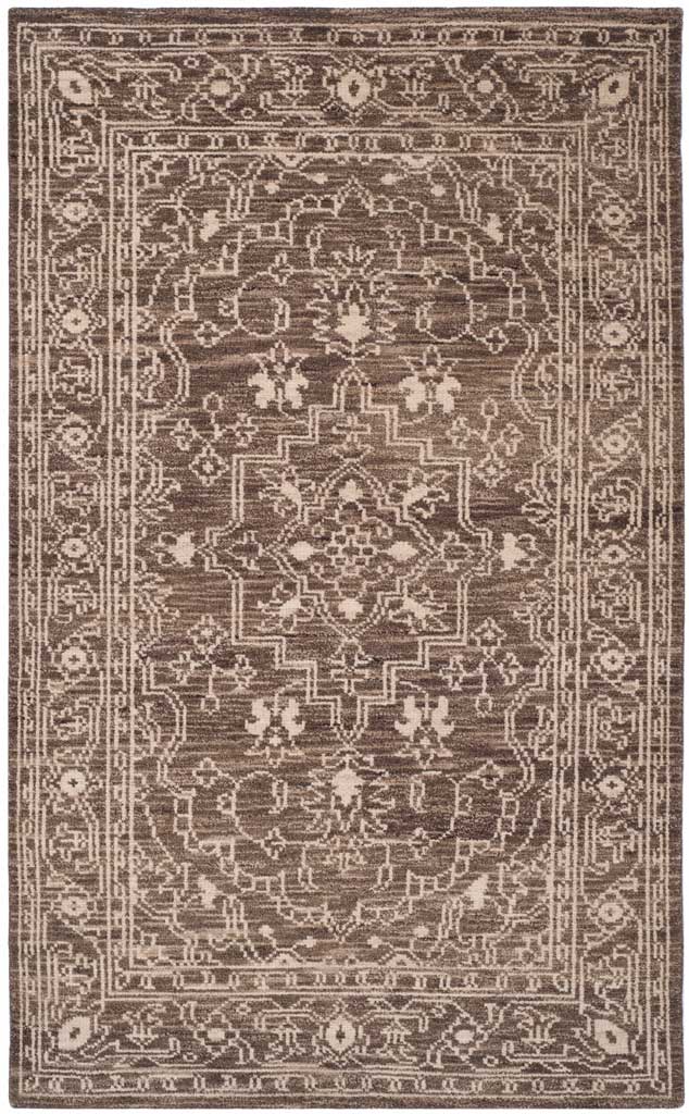 Rectangular brown and beige rug with a striking medallion and scrolling botanical details