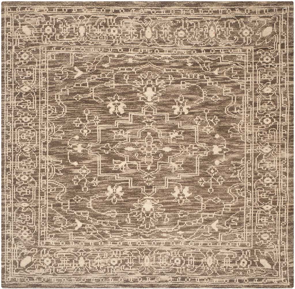 Square brown and beige rug with a bold center medallion and intricate floral borders