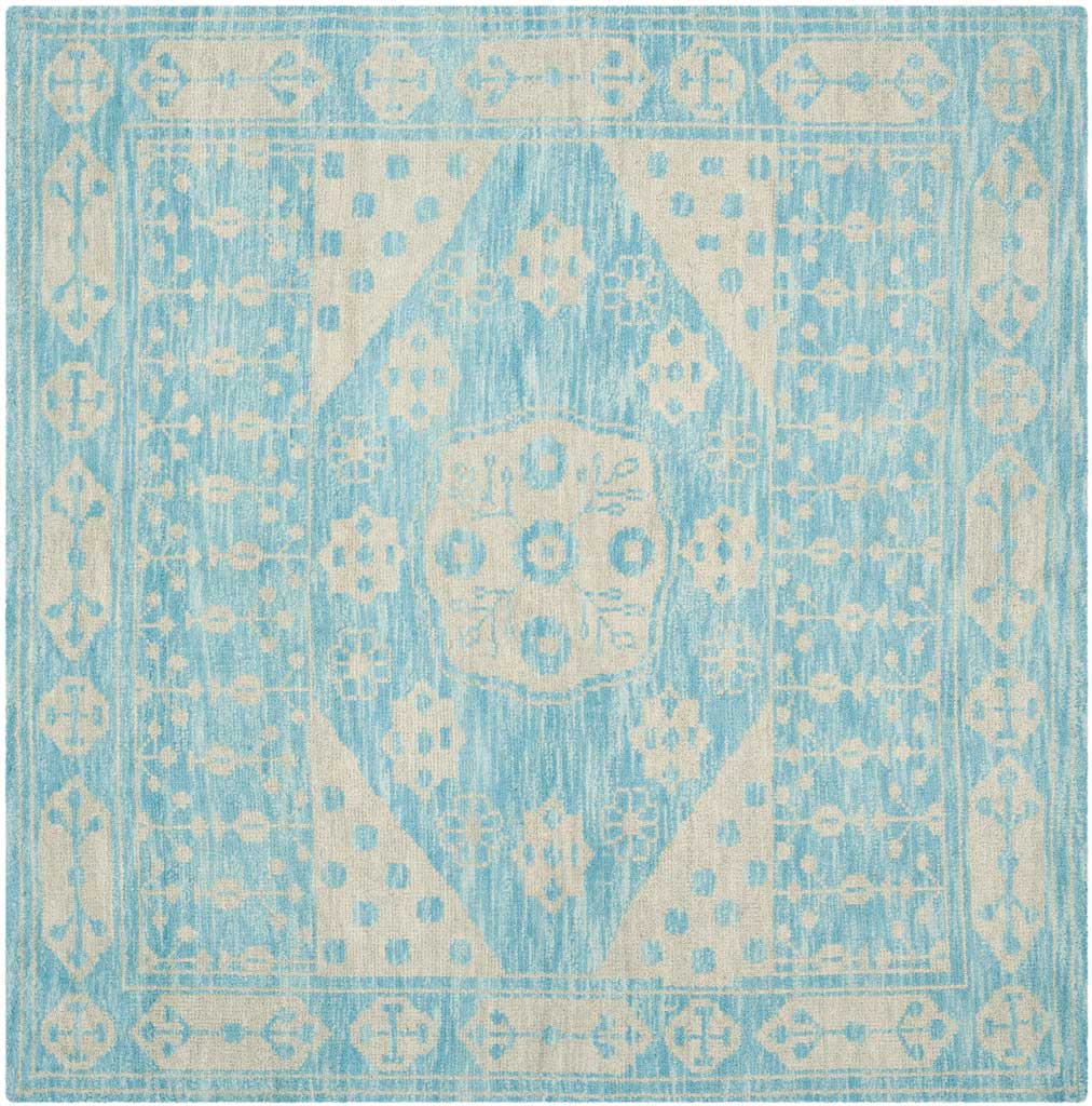 A square blue rug pairs a cream medallion with symmetrical motifs and a decorative border.