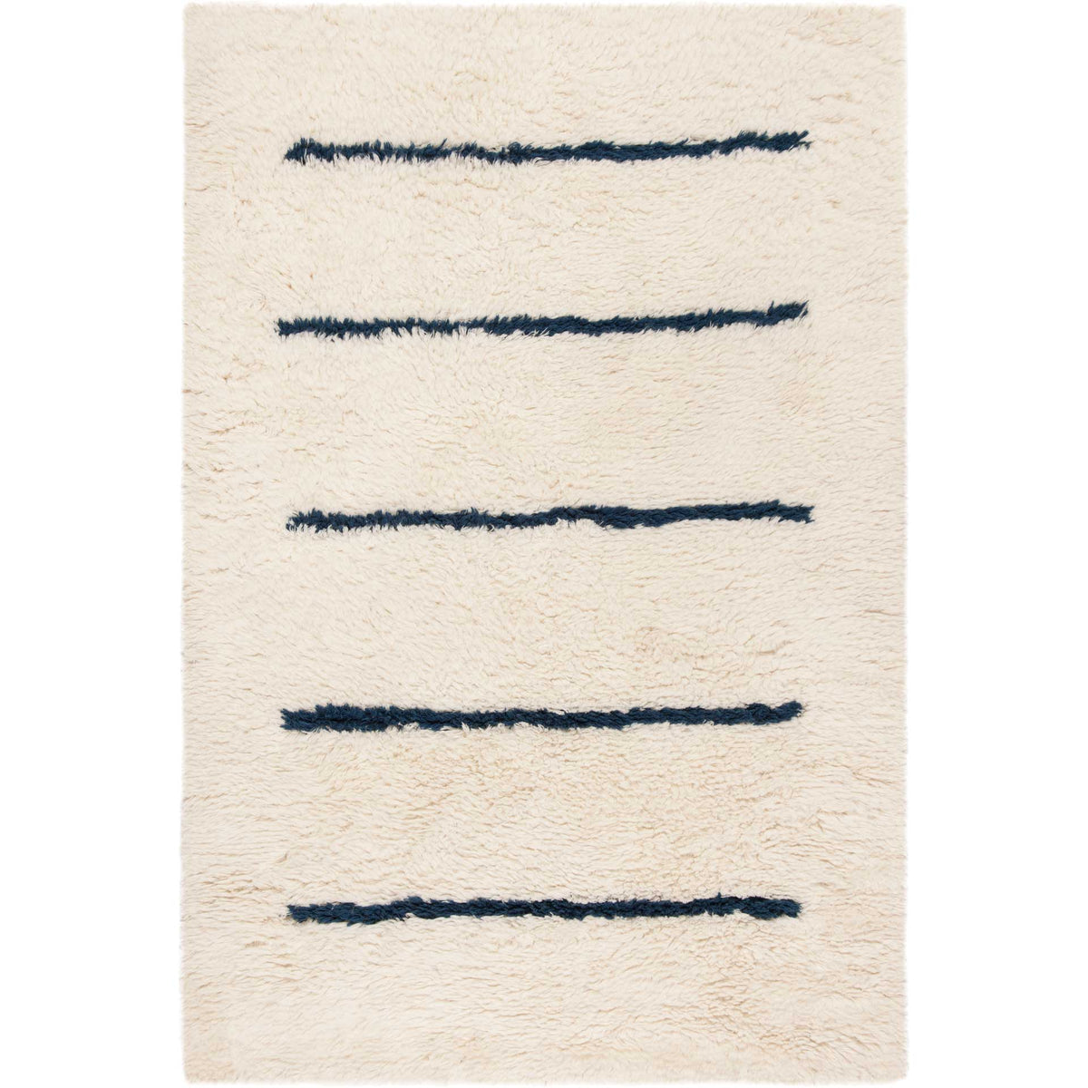Five irregular navy lines stretch across a warm ivory wool rug.