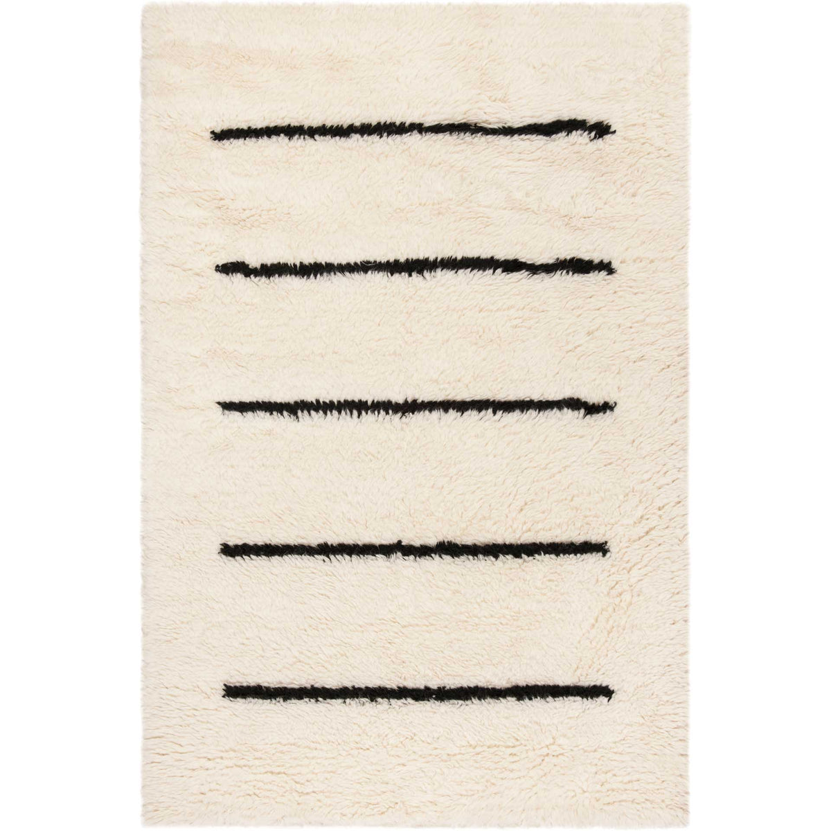 Five bold black stripes cross a creamy ivory rug with soft wool fibers.