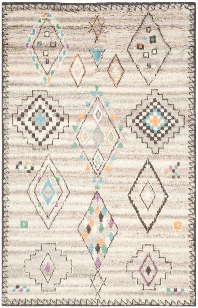 Natural rug with teal, orange, and purple diamond motifs on a subtly striped ground