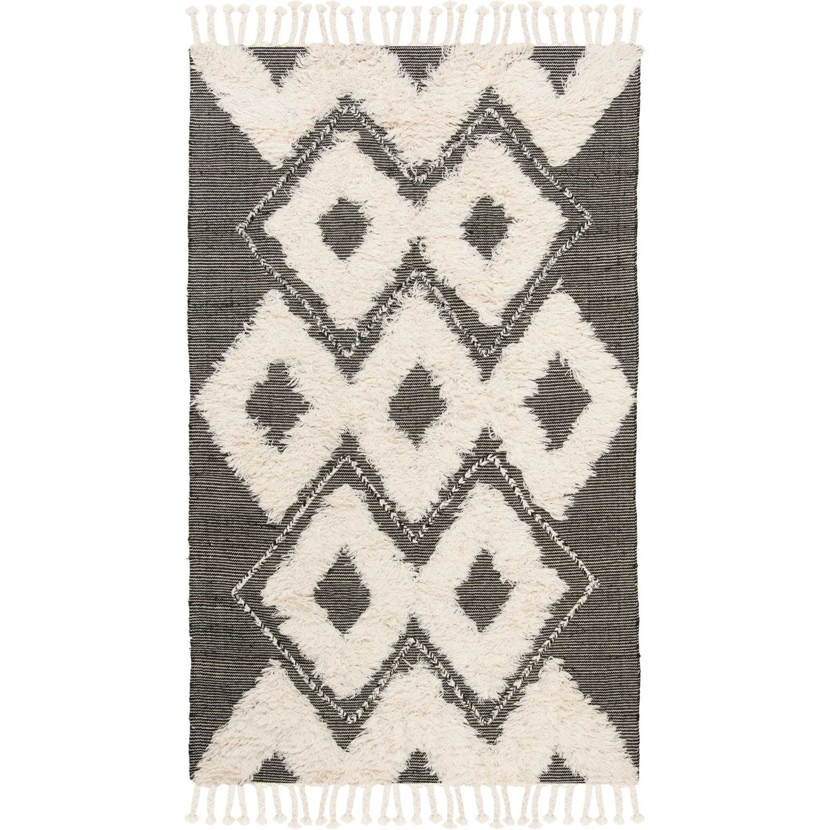 Plush ivory diamond motifs create a striking pattern on this black fringed area rug