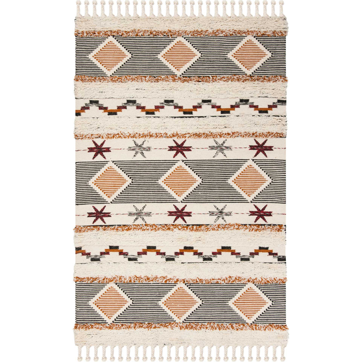 Plush ivory rug pairs rust-orange diamonds with fine black stripes and patterned rows
