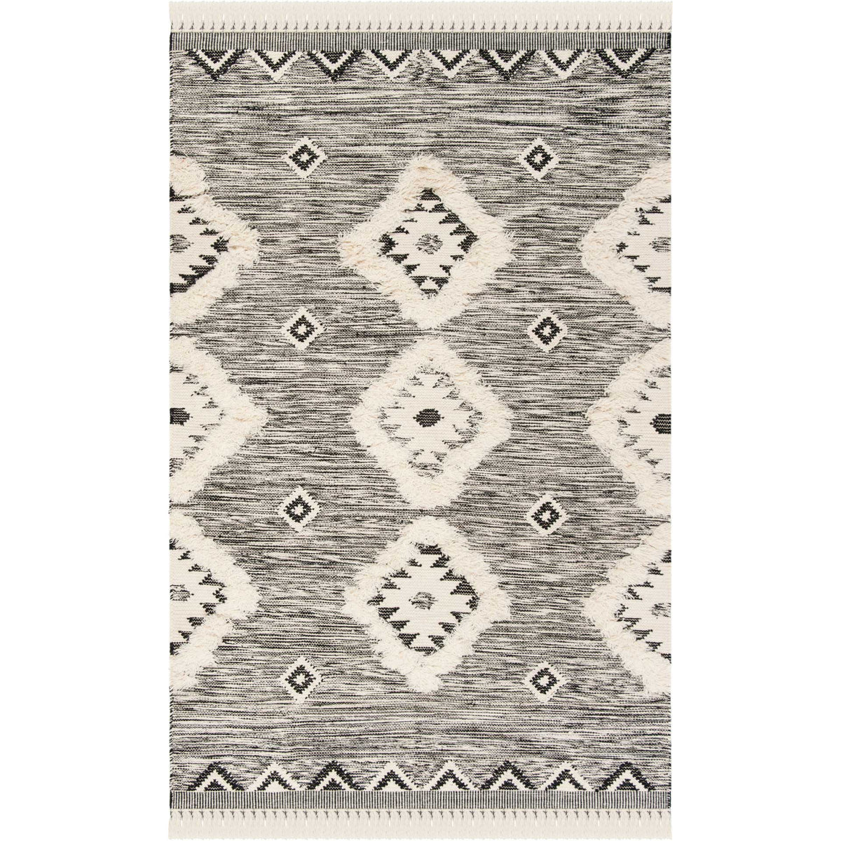 Raised ivory diamonds and zigzag borders bring rich texture to this black and ivory rug