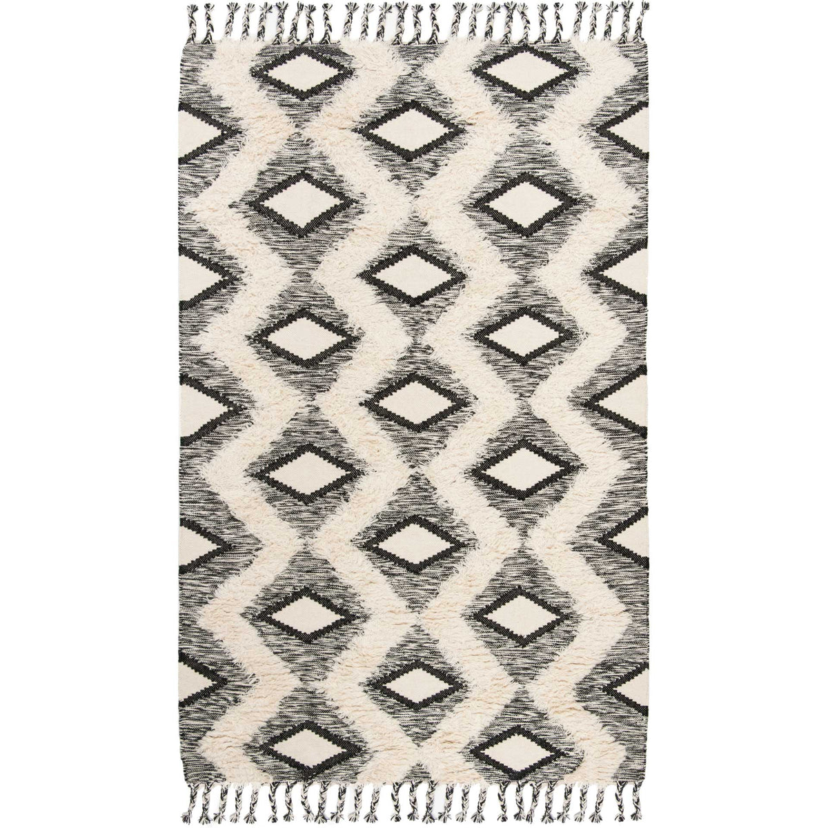 Black diamonds and ivory zigzags bring geometric texture to a fringed rug. || KNY908H-8 || top_studio