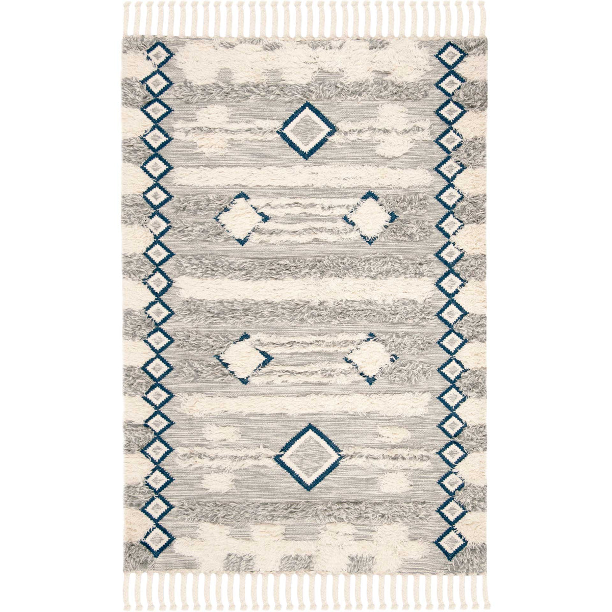 Hand-knotted gray and ivory rug with bold blue diamond borders and plush accents