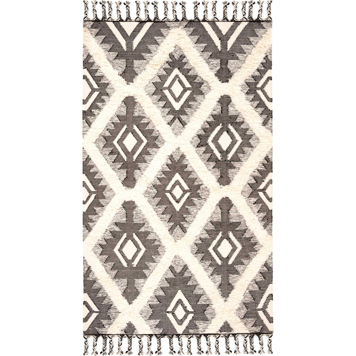 Repeating black diamond medallions stand out on an ivory rug with tasseled ends || KNY910H-8 || top_studio