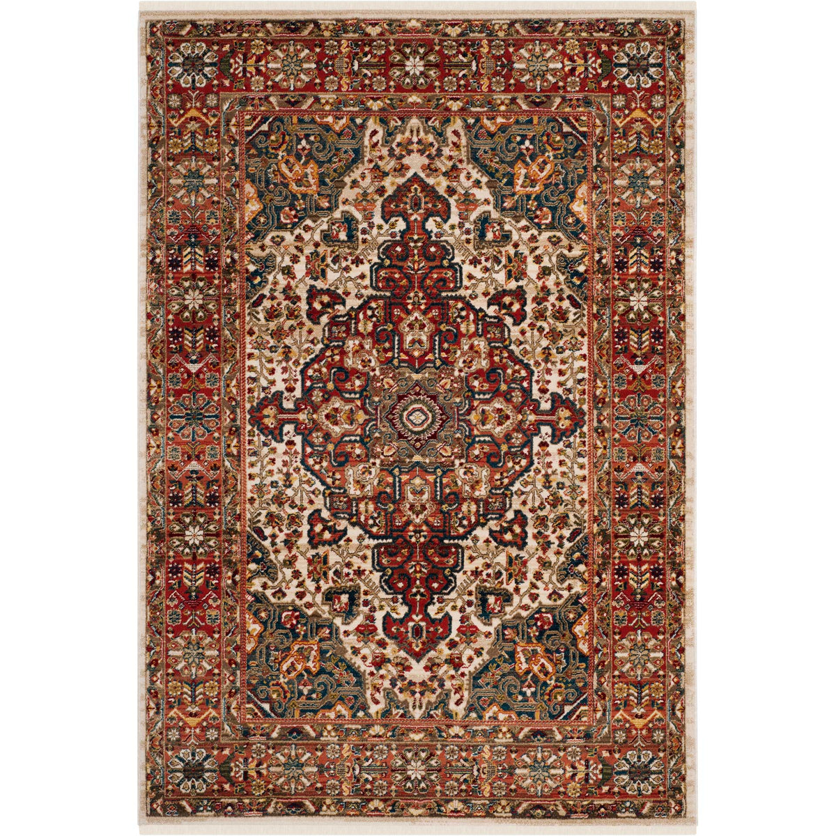 A vibrant floral medallion and richly detailed red border enliven an ivory and blue rug