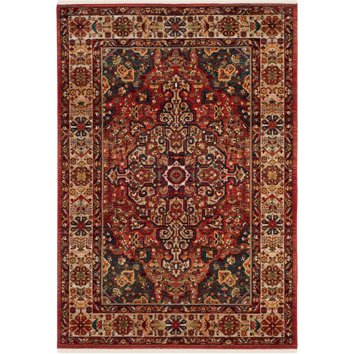 A red field showcases an elaborate floral medallion framed by an ivory ornamental border