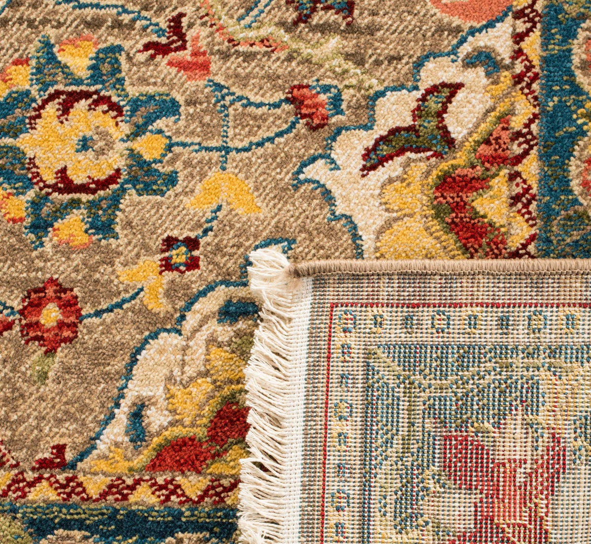 A woven underside and ivory fringe complement the rug's taupe floral pile and blue border.