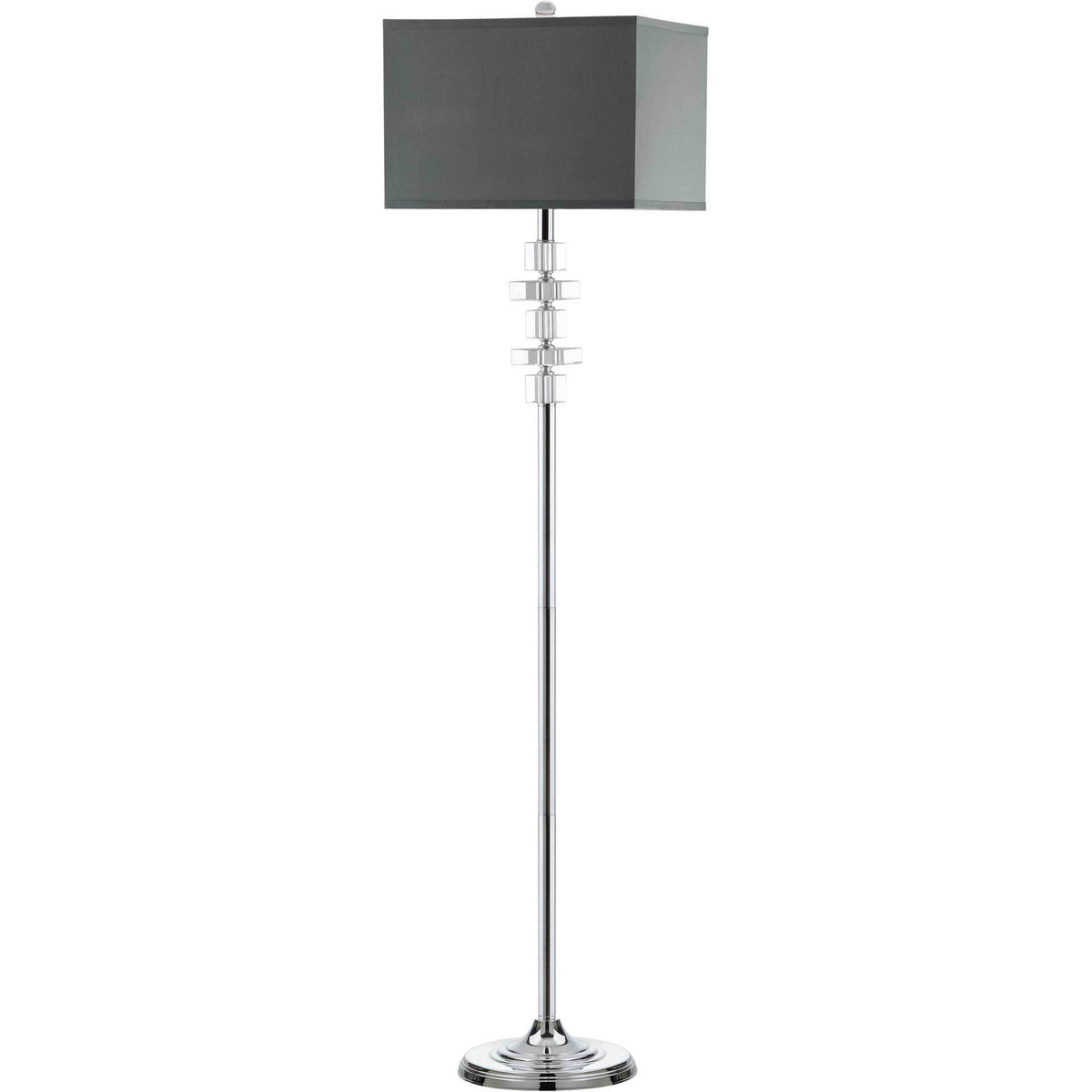 A gray square shade tops clear crystal accents, a slender chrome stem, and a round base || LIT4174A || front_angle_studio