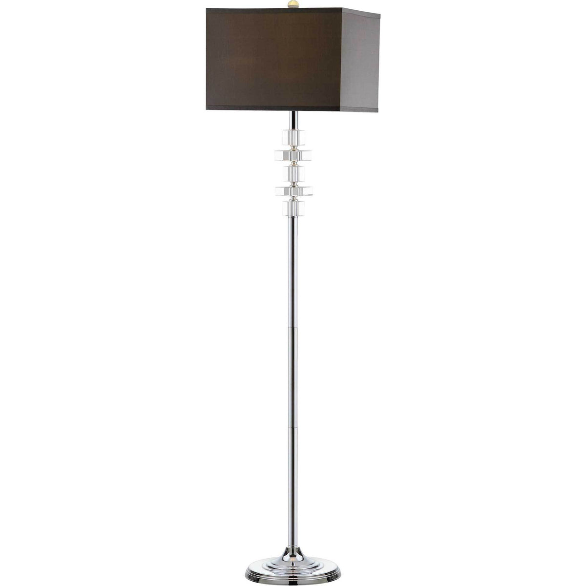 Soft light warms a gray square shade above stacked crystal accents and a slim chrome stem || LIT4174A || front_angle_on_studio