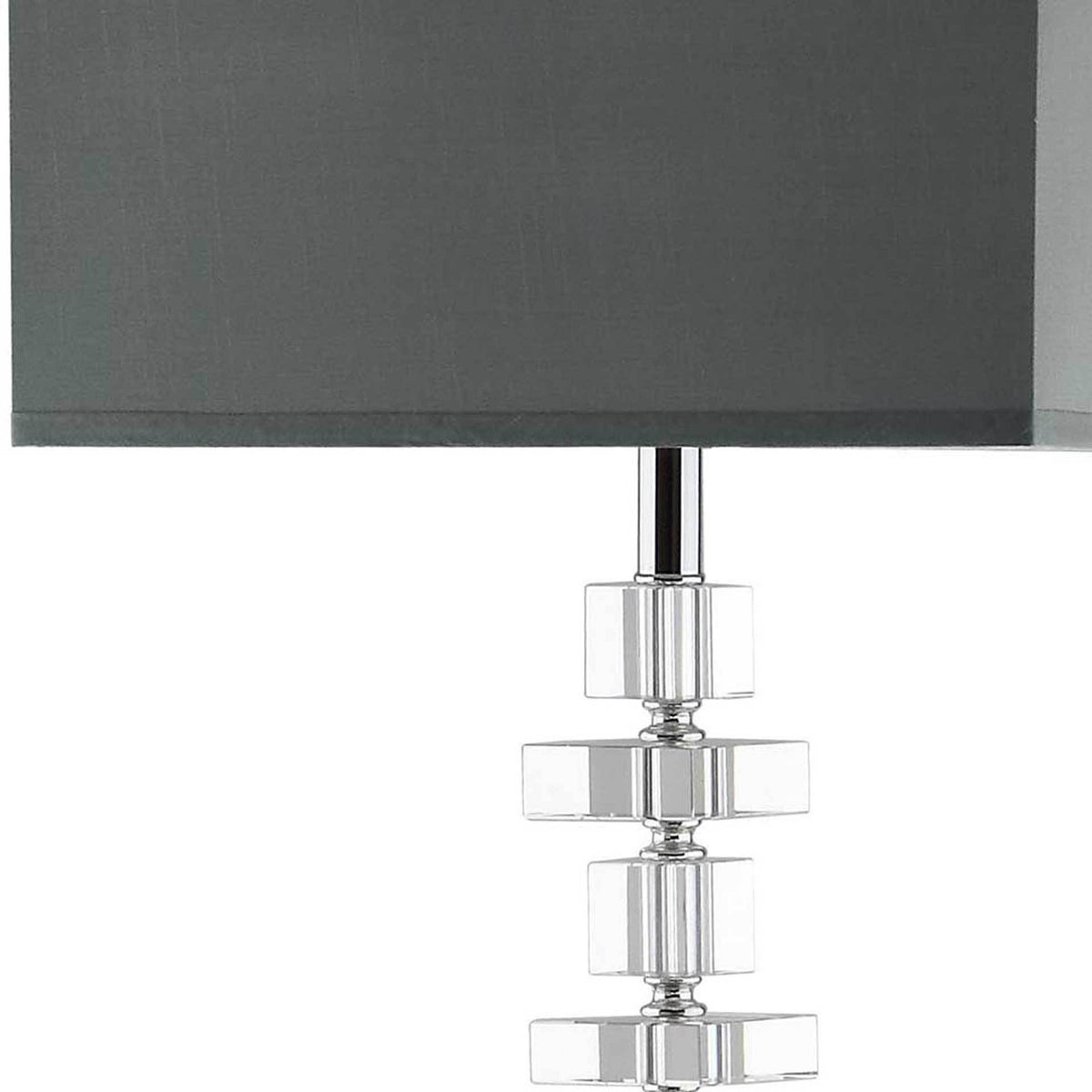 Geometric clear crystal accents gleam beneath a gray fabric shade and polished chrome neck