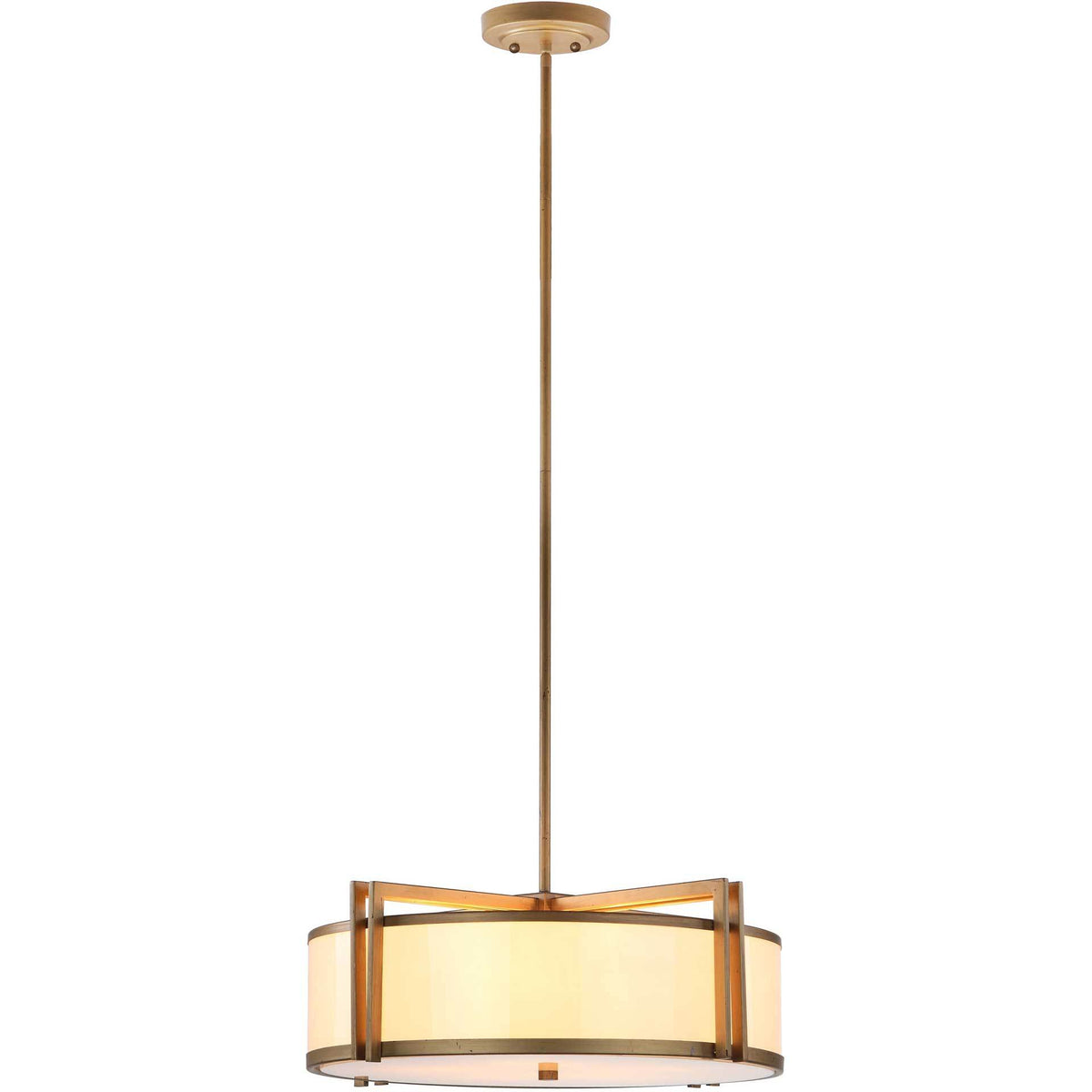A glowing cream drum shade hangs within an antique gold frame on a slim rod || LIT4185A || front_on_studio