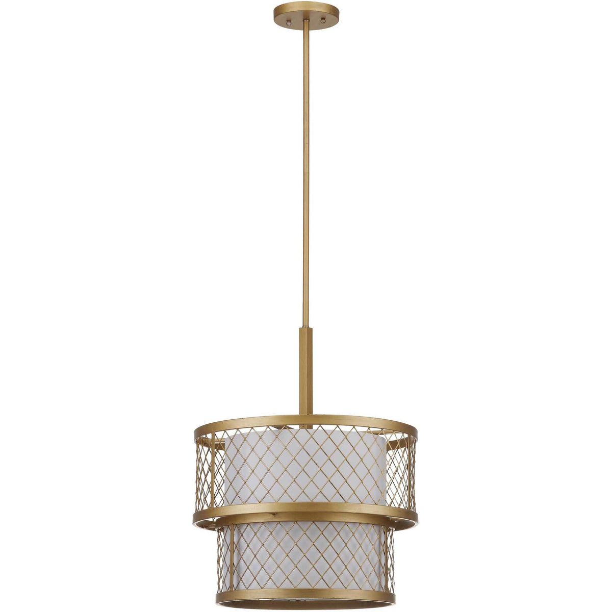A slender gold rod suspends an off-white shade within a tiered lattice frame || LIT4200A || front_studio