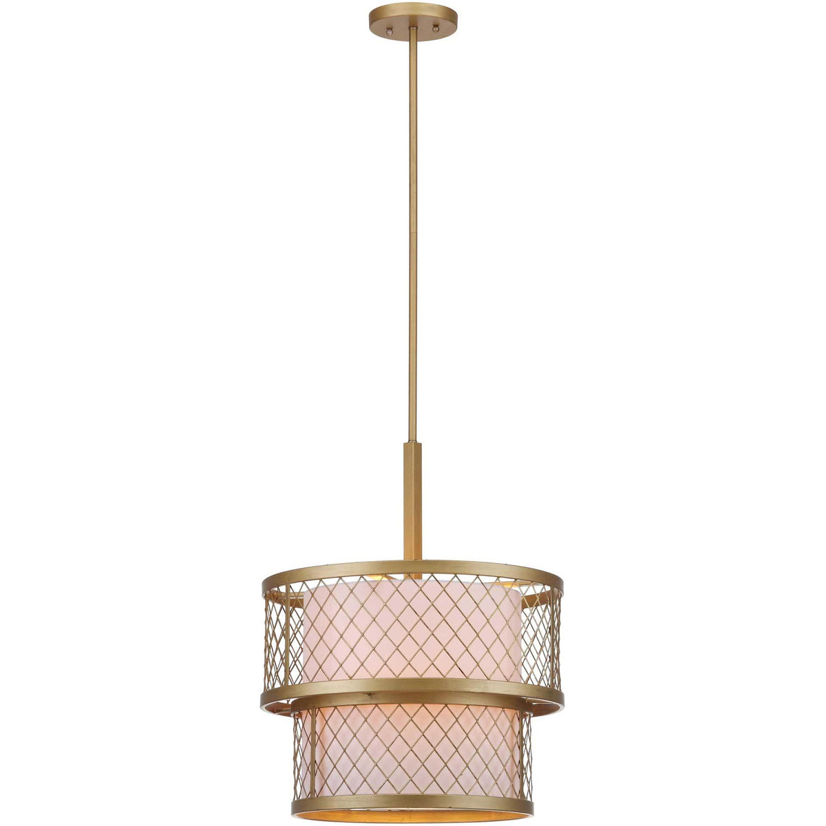 Warm light glows through a two-tier fabric shade framed by gold diamond mesh || LIT4200A || front_on_studio