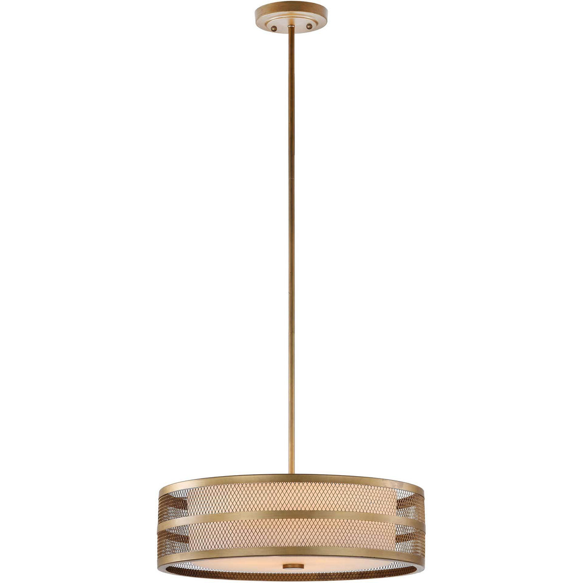 Warm light shines through a perforated antique gold drum surrounding an etched white glass shade. || LIT4229A || front_on_studio