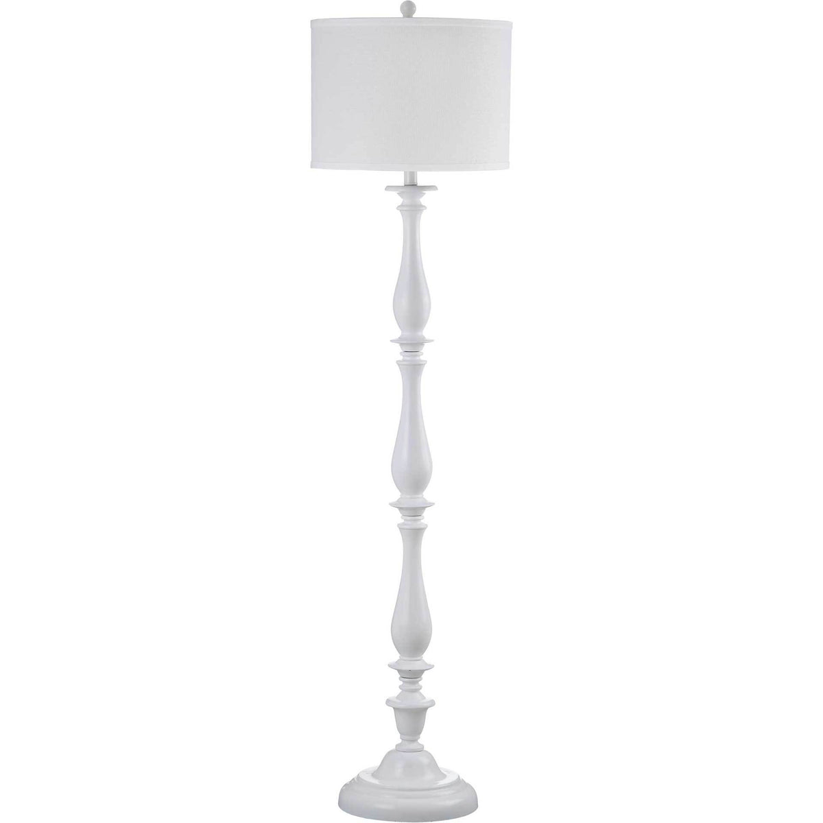 White candlestick floor lamp with a sculpted metal column, round base, and off-white drum shade || LIT4327A || front_studio