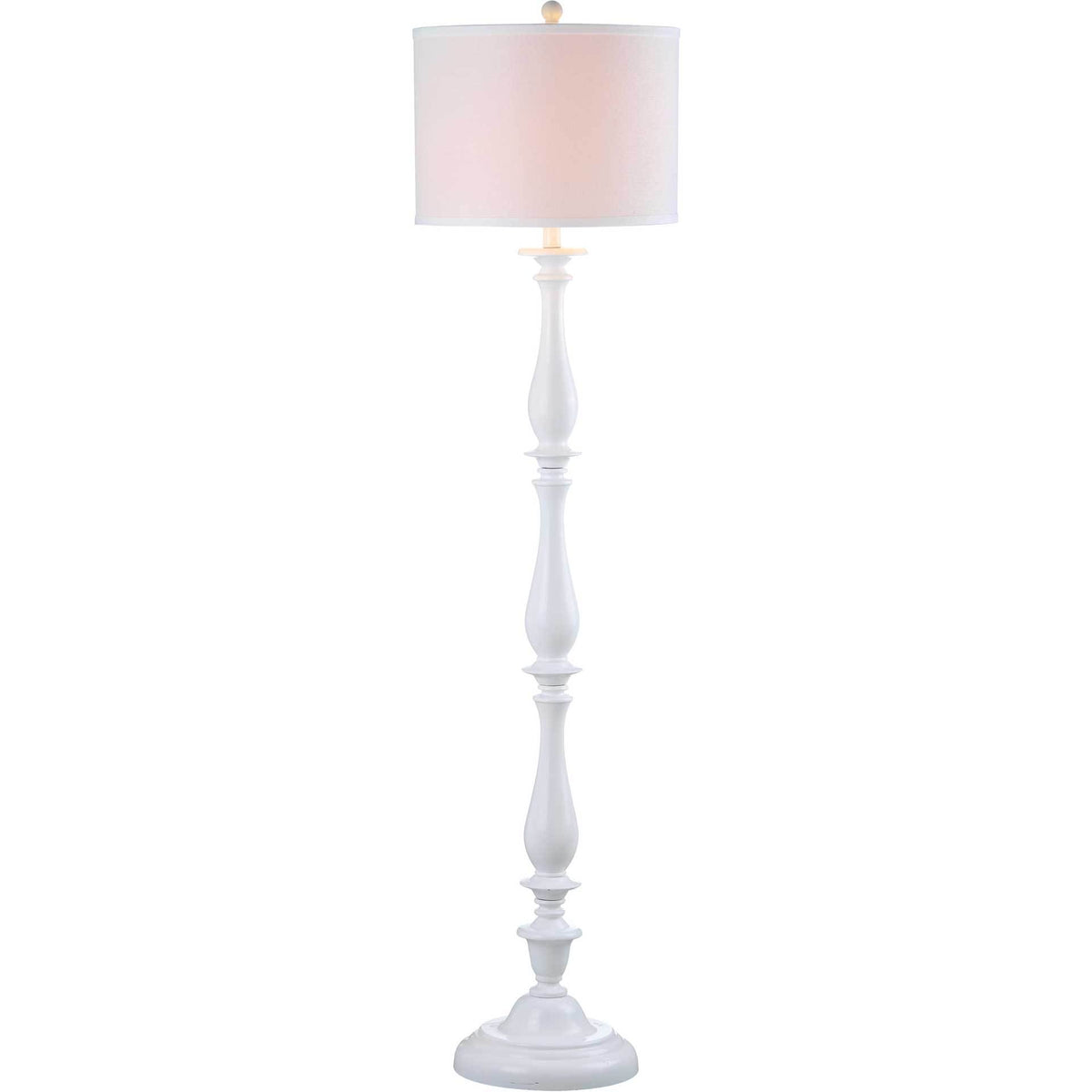 Warm light glows through the off-white shade above a tall, turned white base