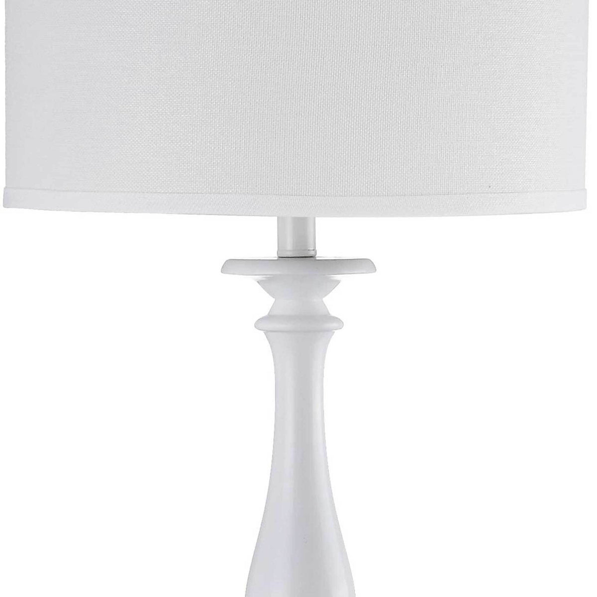 Subtle woven texture on the off-white drum shade pairs with sculpted candlestick detailing