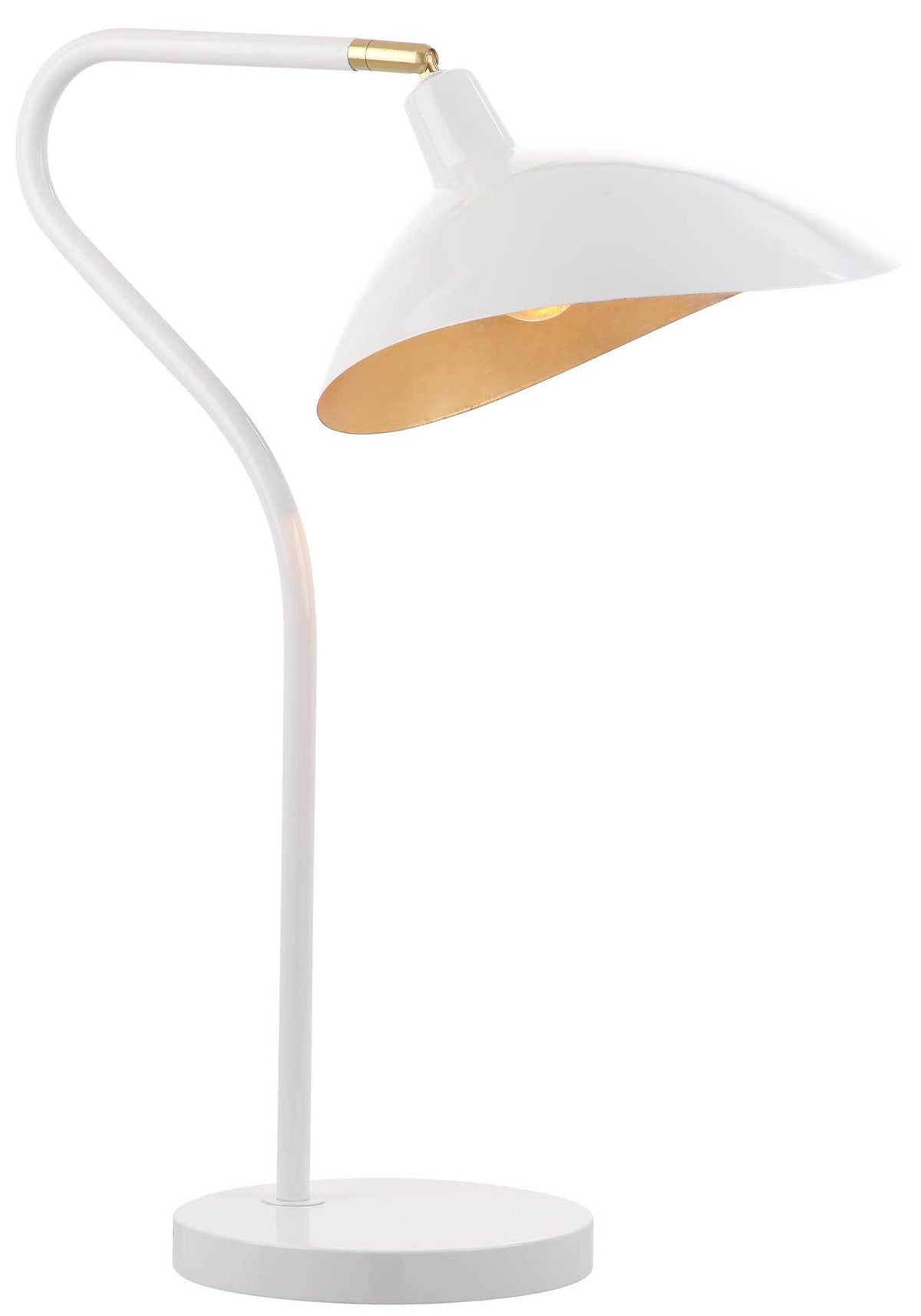 Warm light glows beneath the gold-lined white dome shade of a table lamp with a graceful curved stem.