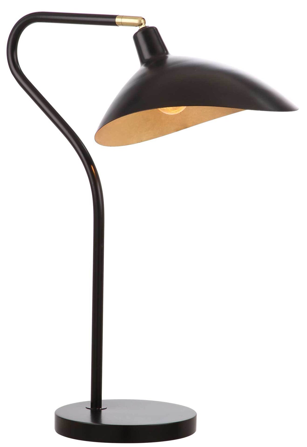 Warm light glows beneath the gold-lined shade of a black table lamp with a curved stem.