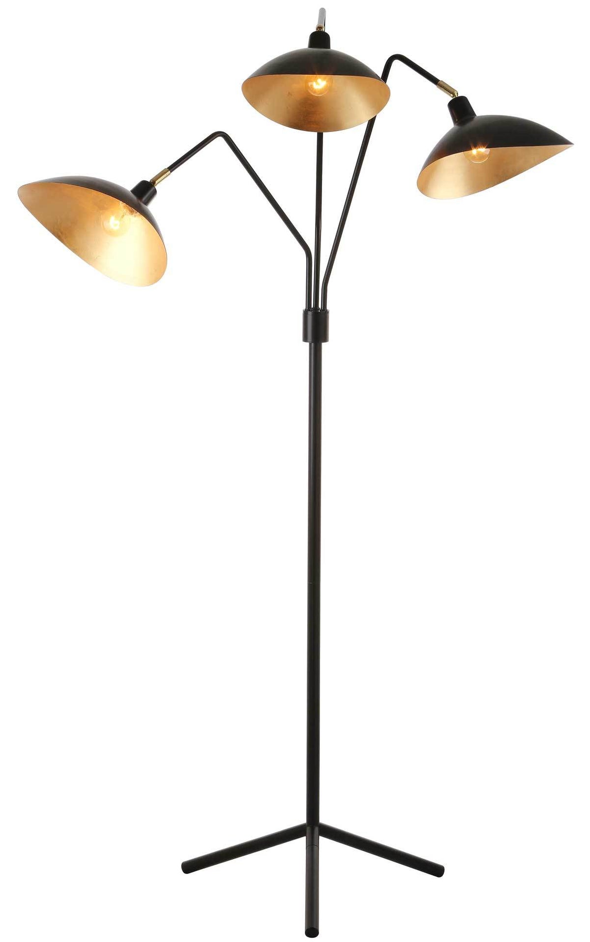 Warm light glows beneath three gold-lined shades on a black floor lamp with a tripod base