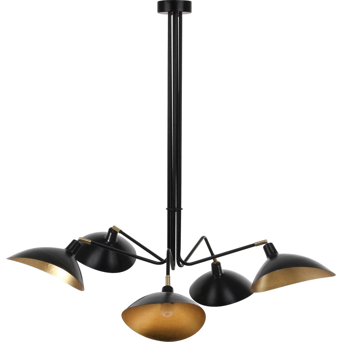 Five black metal shades with gold interiors extend from a slim central stem on angular arms. || LIT4362B || front_studio