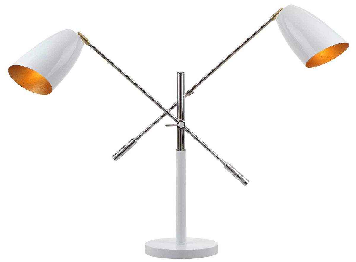 Warm golden light illuminates two white cone shades on crossed chrome arms above a slim white base