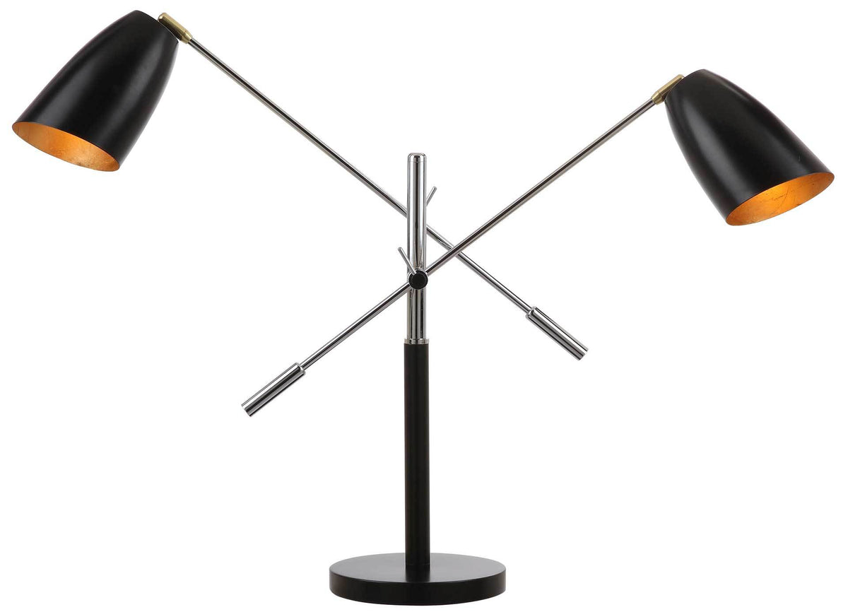 Warm golden light glows inside two black metal shades held by crossed chrome arms above a round black base